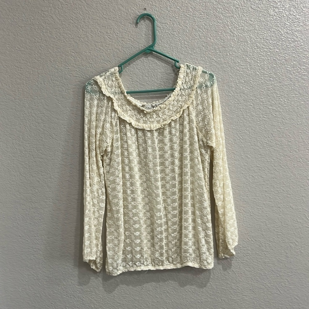 Vintage Trinity Ivory Silk Long Sleeve Eyelet Blouse Size Medium Boho